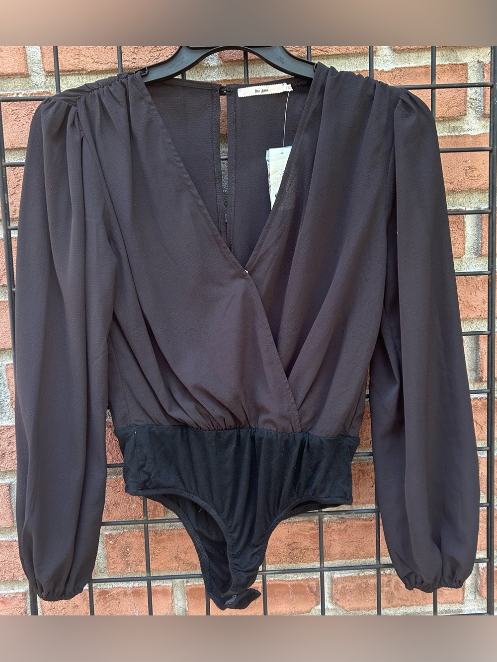 Francesca's Collections Black Long-Sleeve Wrap Bodysuit
